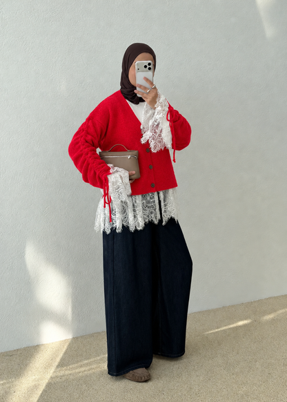 Premium Cardigan with Lace Trim - red