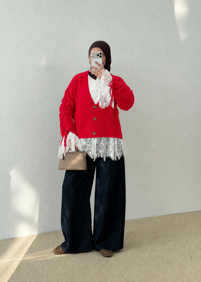Premium Cardigan with Lace Trim - red