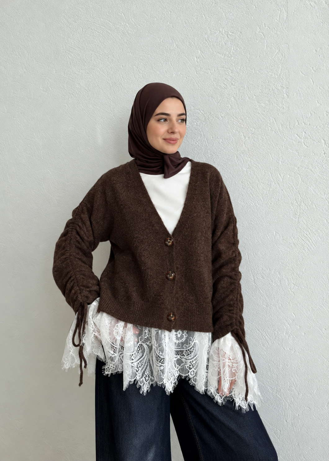 Premium Cardigan with Lace Trim - brown