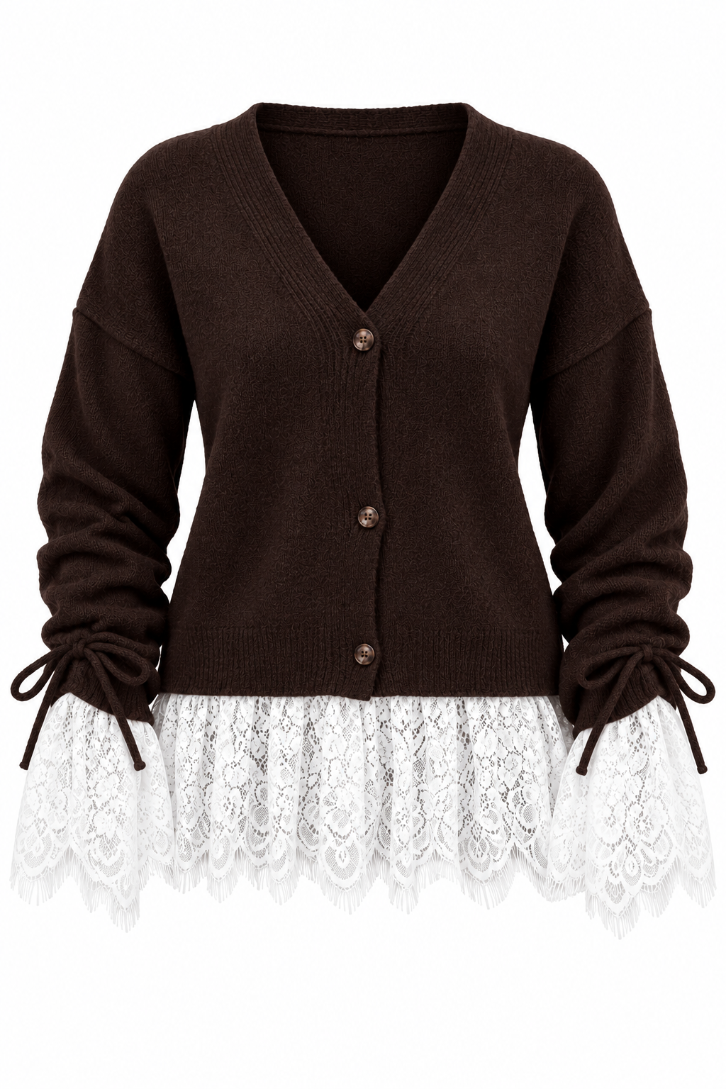 Premium Cardigan with Lace Trim - brown