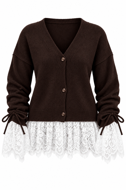 Premium Cardigan with Lace Trim - brown