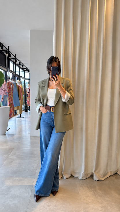 Oversized linen blazer with striped lining - olive green