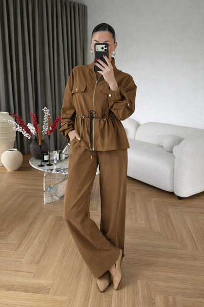 Safari jacket with drawstring High-waisted pants with a wide elastic Two-Piece Set