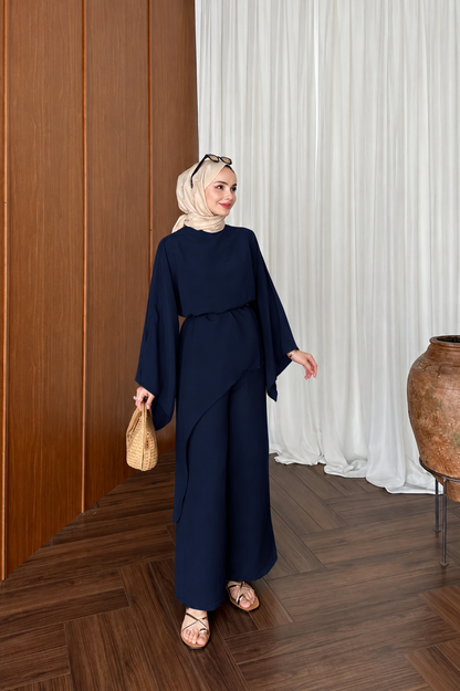 Asymmetric wide sleeve belted top ,waistband wide leg Set - navy blue