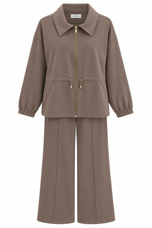 Collared Jacket with Drawstring Waist. Wide leg trouser modal fabric tracksuit - cappuccino