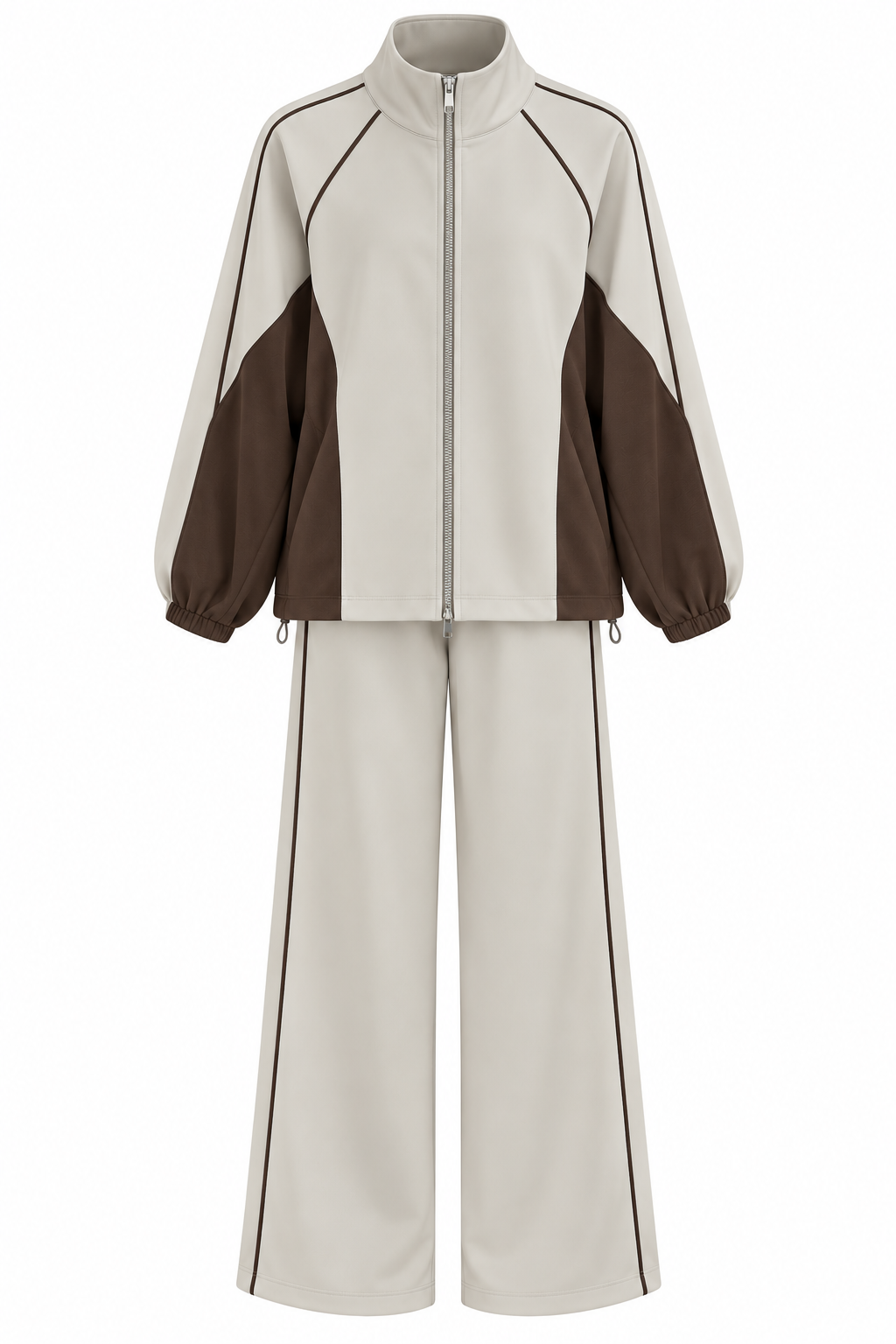 Oversized adjustable waist jacket with Parachute Details, waistband wide leg trouser tracksuit - beige