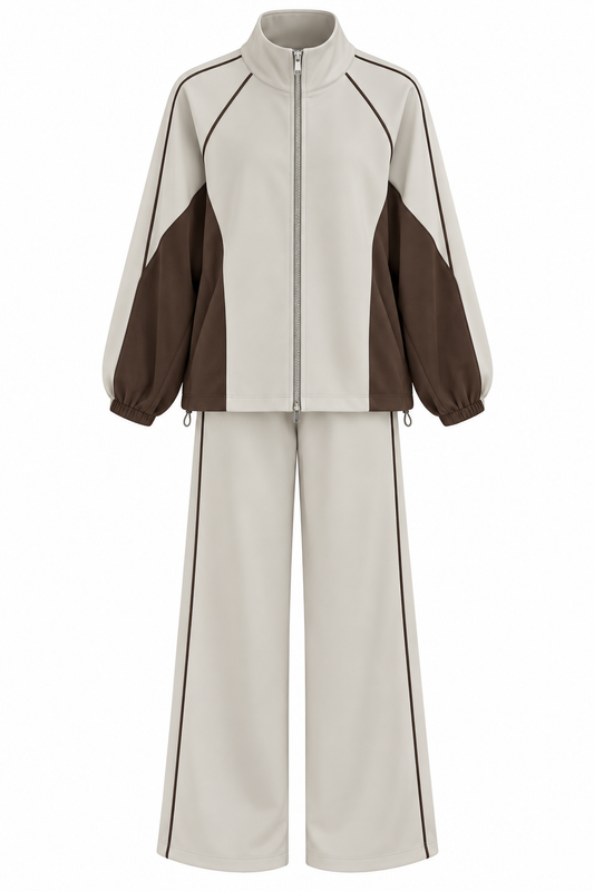 Oversized adjustable waist jacket with Parachute Details, waistband wide leg trouser tracksuit - beige
