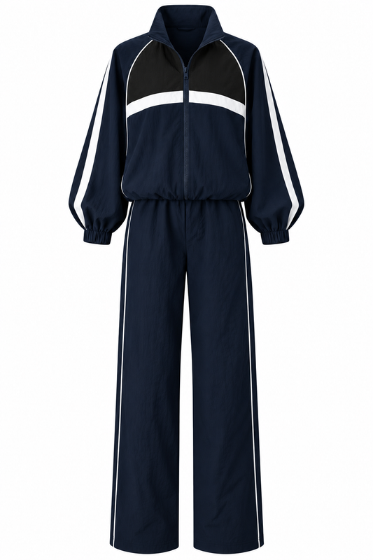 Navy Block Color Parachute Fabric Tracksuit Set
