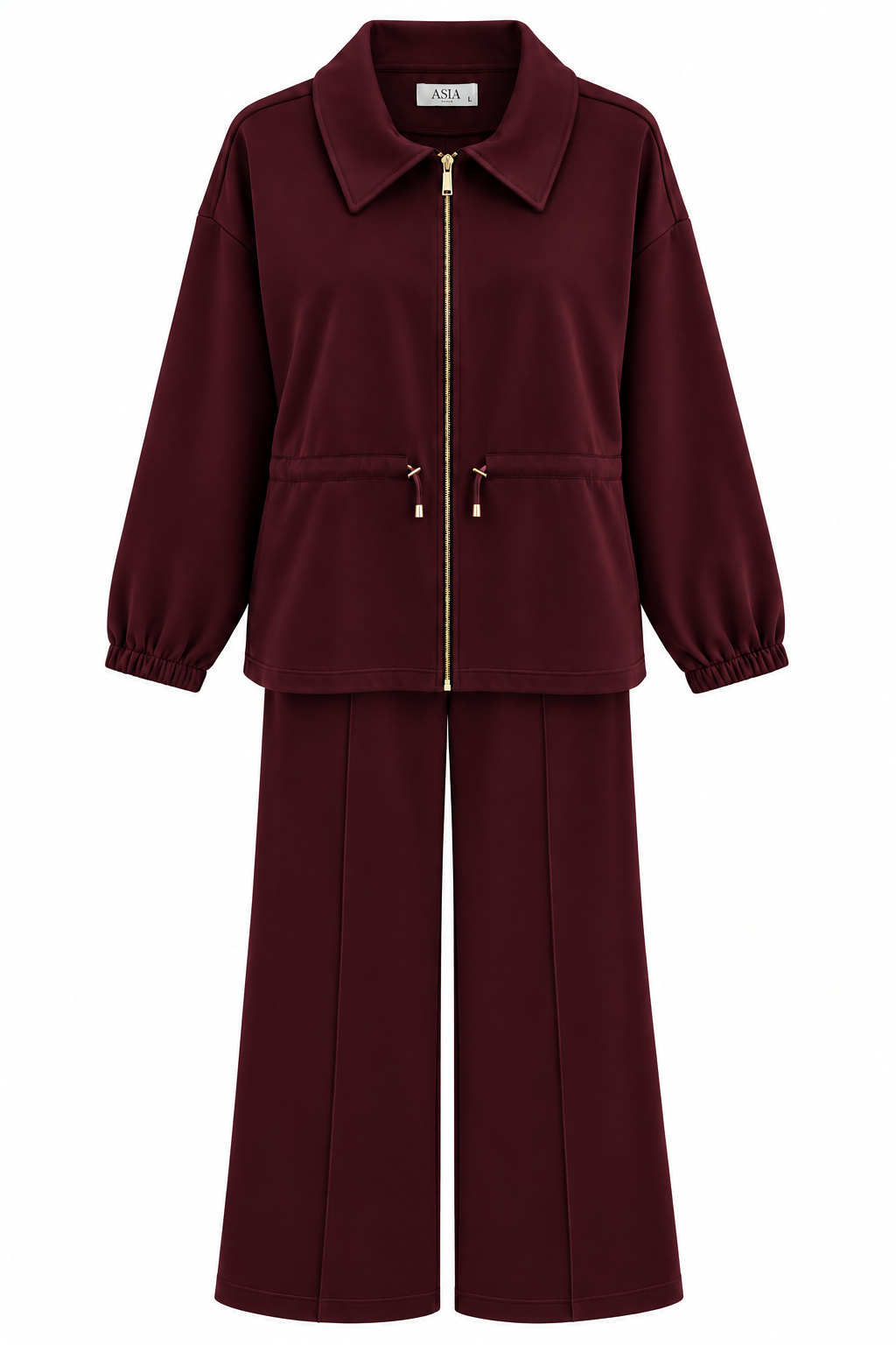 Collared Jacket with Drawstring Waist. Wide leg trouser modal fabric tracksuit - burgundy