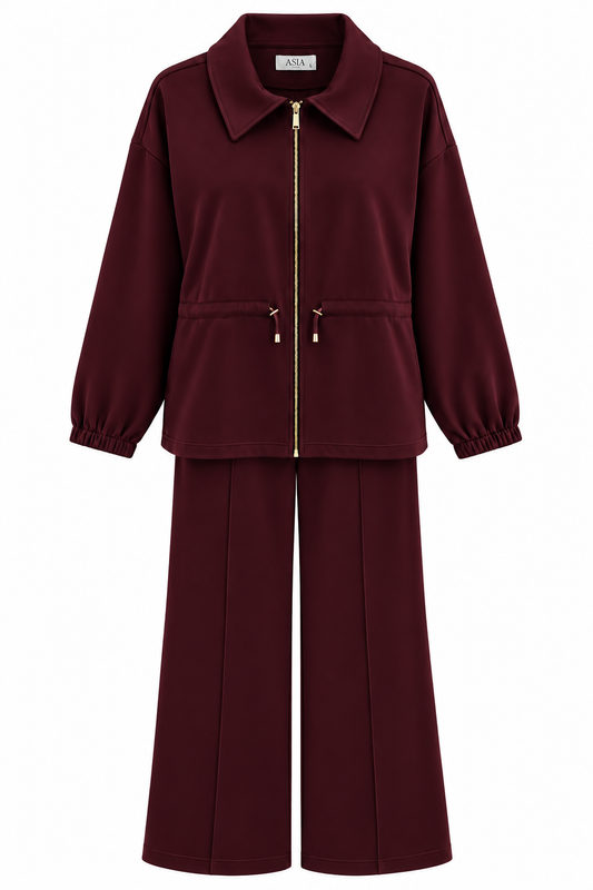 Collared Jacket with Drawstring Waist. Wide leg trouser modal fabric tracksuit - burgundy