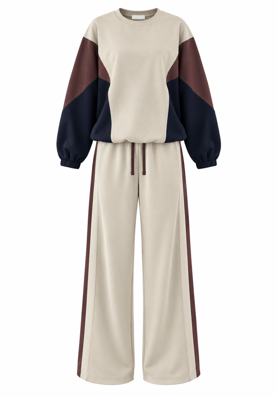 Premium quality contrast Color Block Sweatshirt & Wide-Leg Pants tracksuit - beige