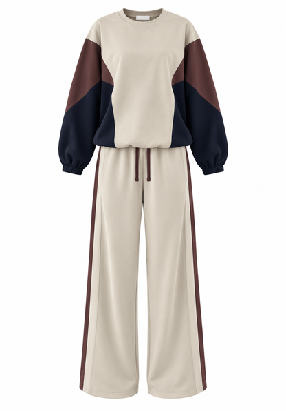 Premium quality contrast Color Block Sweatshirt & Wide-Leg Pants tracksuit - beige