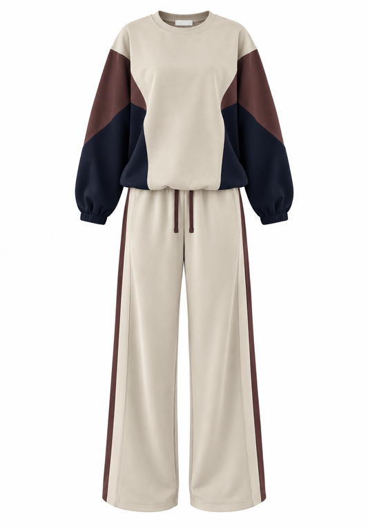 Premium quality contrast Color Block Sweatshirt & Wide-Leg Pants tracksuit - beige