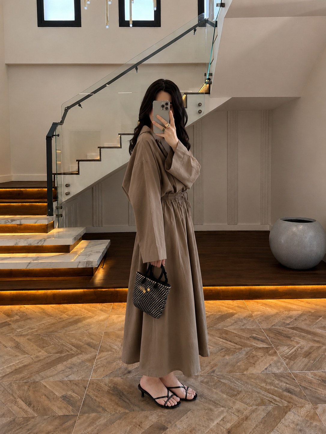 Asymmetric Collar with skirt set -  taupe brown