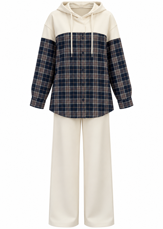 Navy Plaid Hooded Shirt Jacket & Wide-Leg Pants Set