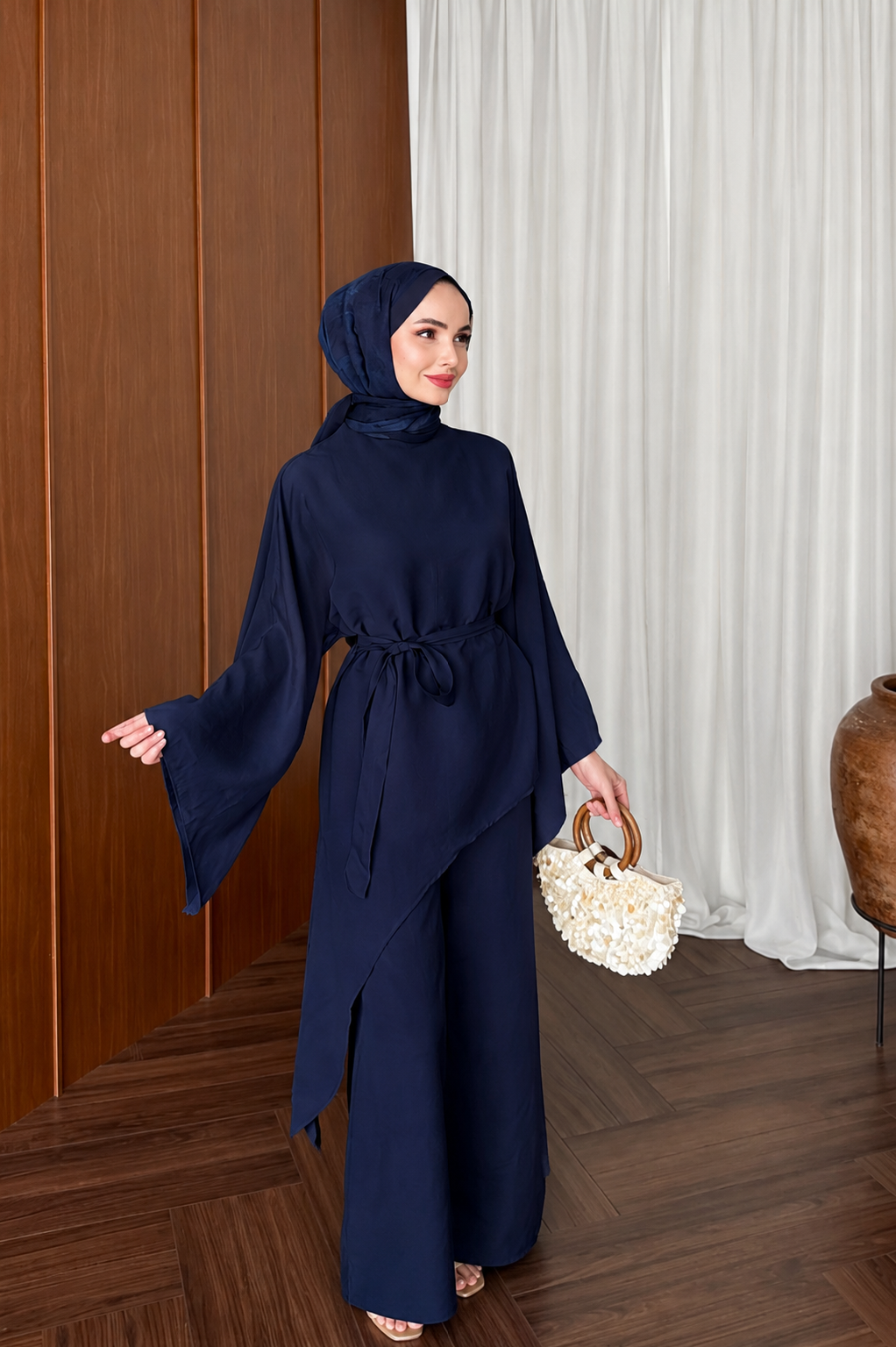Asymmetric wide sleeve belted top ,waistband wide leg Set - navy blue