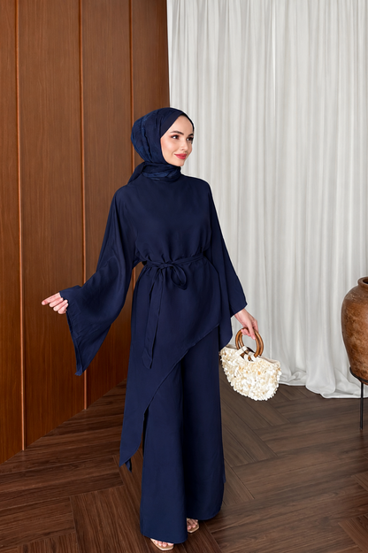 Asymmetric wide sleeve belted top ,waistband wide leg Set - navy blue