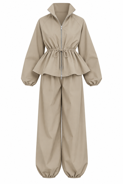 Waist drawstring jacket co-ord set - khaki