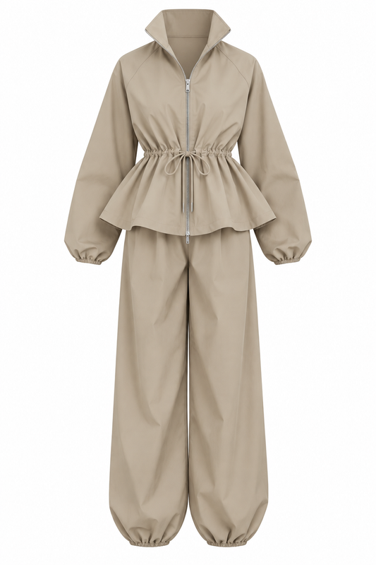 Waist drawstring jacket co-ord set - khaki