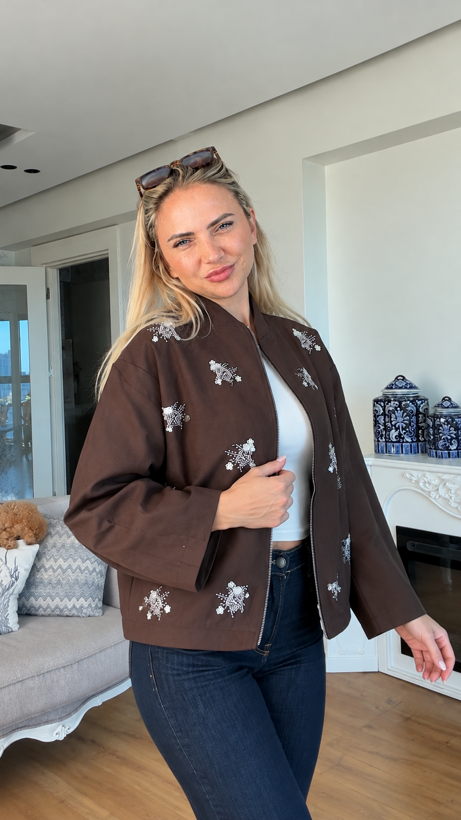 Bomber jacket with stone details - brown