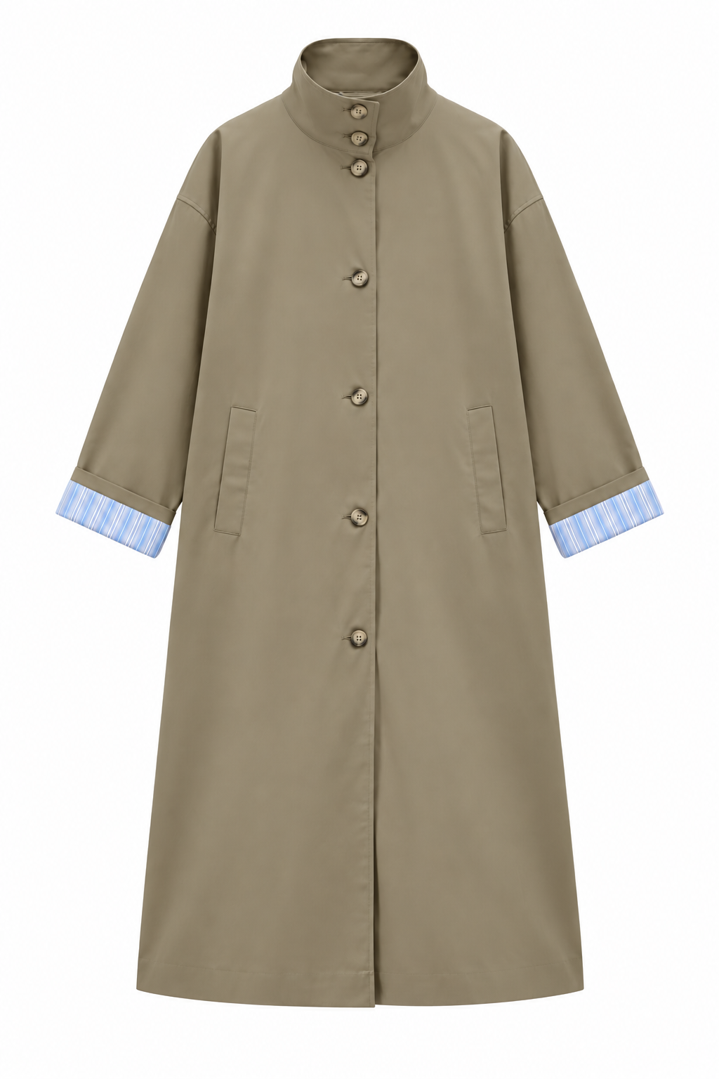 Striped lining Trench coat with folded Sleeve Detail - khaki
