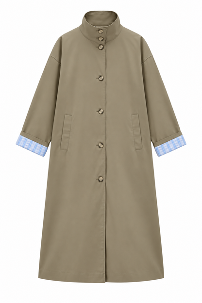 Striped lining Trench coat with folded Sleeve Detail - khaki