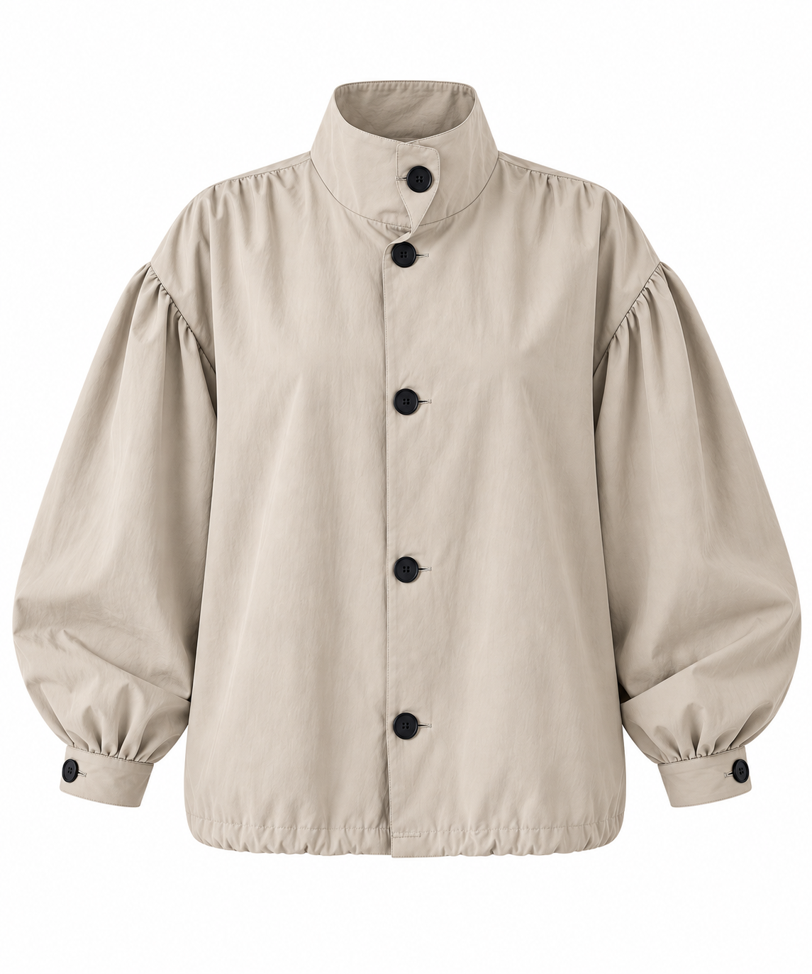 Gathered Stand-Up Collar Bomber Jacket - beige