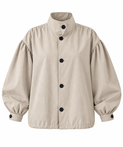 Gathered Stand-Up Collar Bomber Jacket - beige