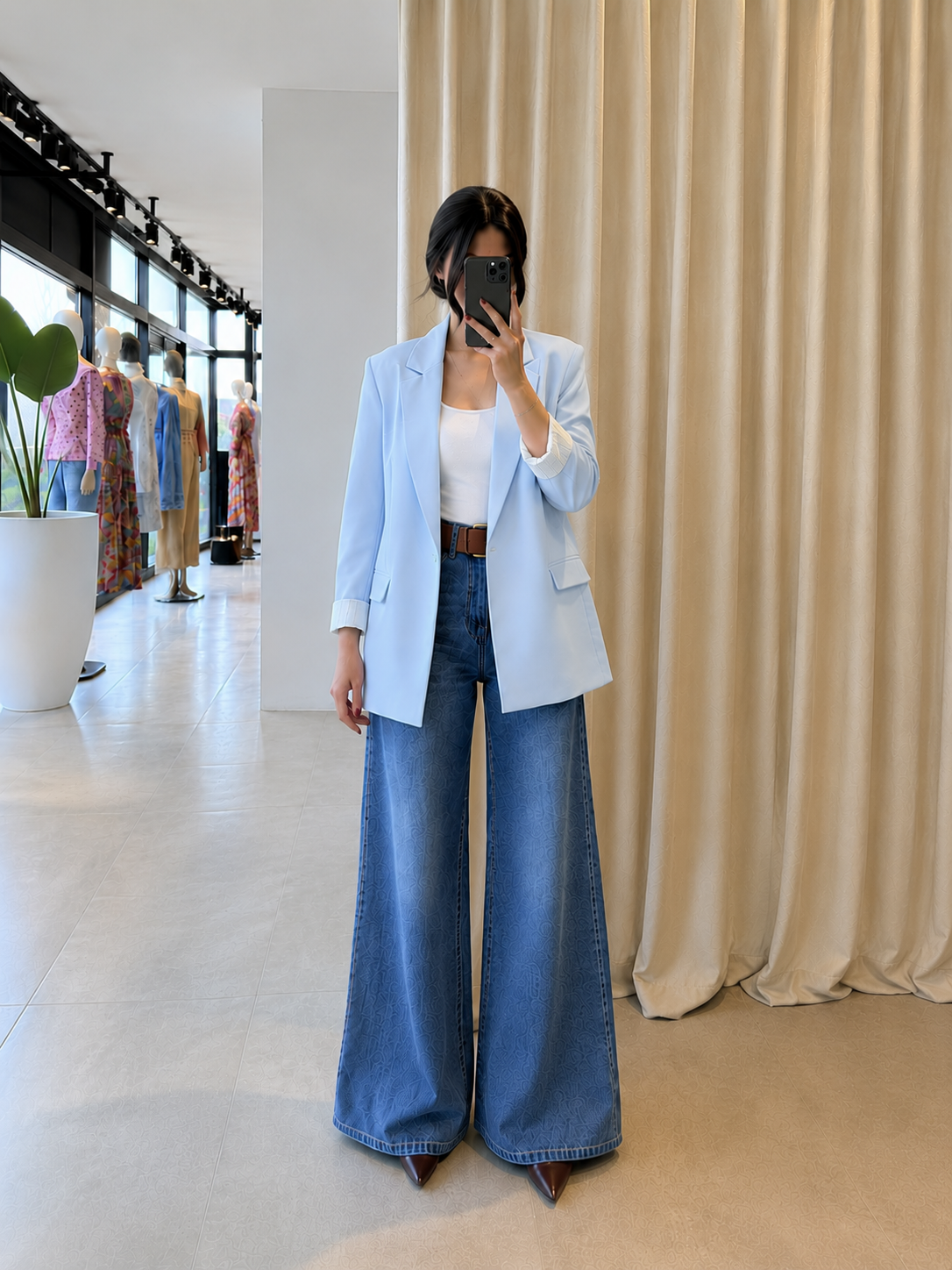 Oversized linen blazer with striped lining - baby blue