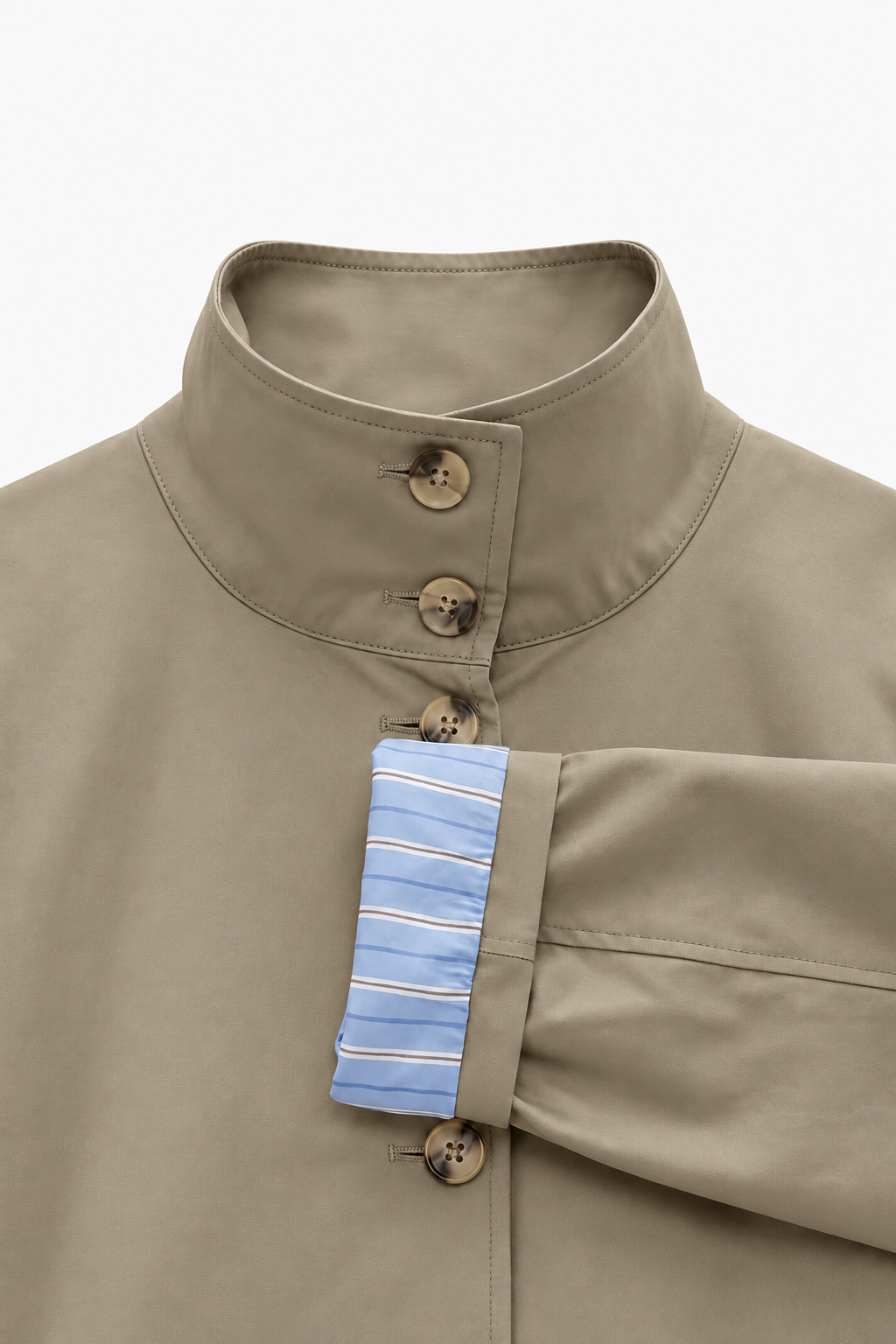 Striped lining Trench coat with folded Sleeve Detail - khaki