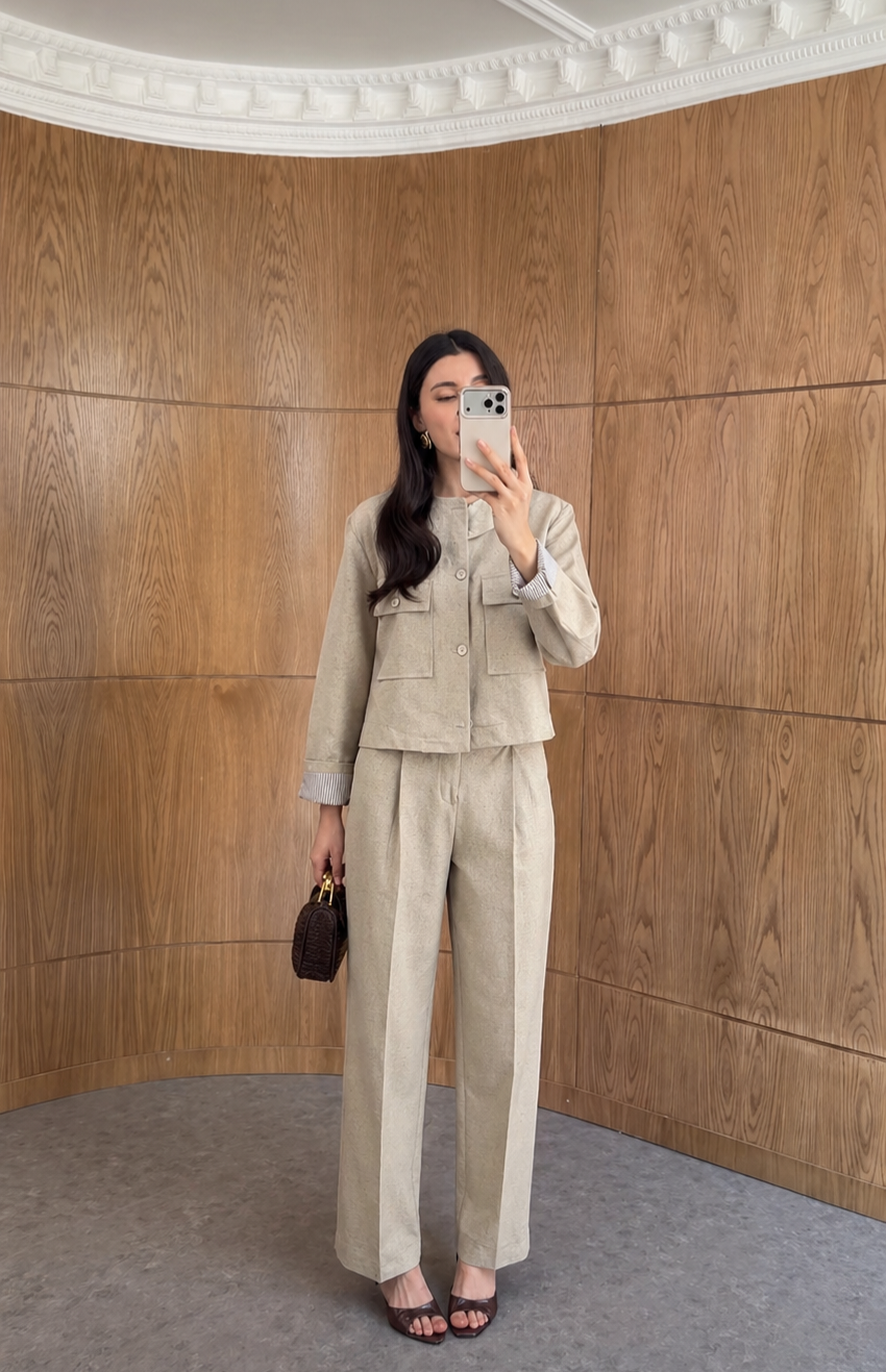 ZR model linen jacket with striped sleeve lining,mom fit trouser co-ord set