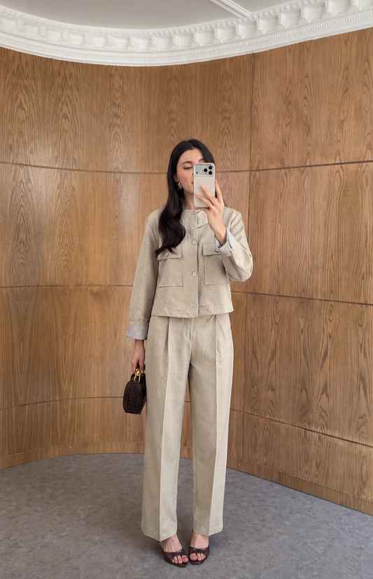 ZR model linen jacket with striped sleeve lining,mom fit trouser co-ord set