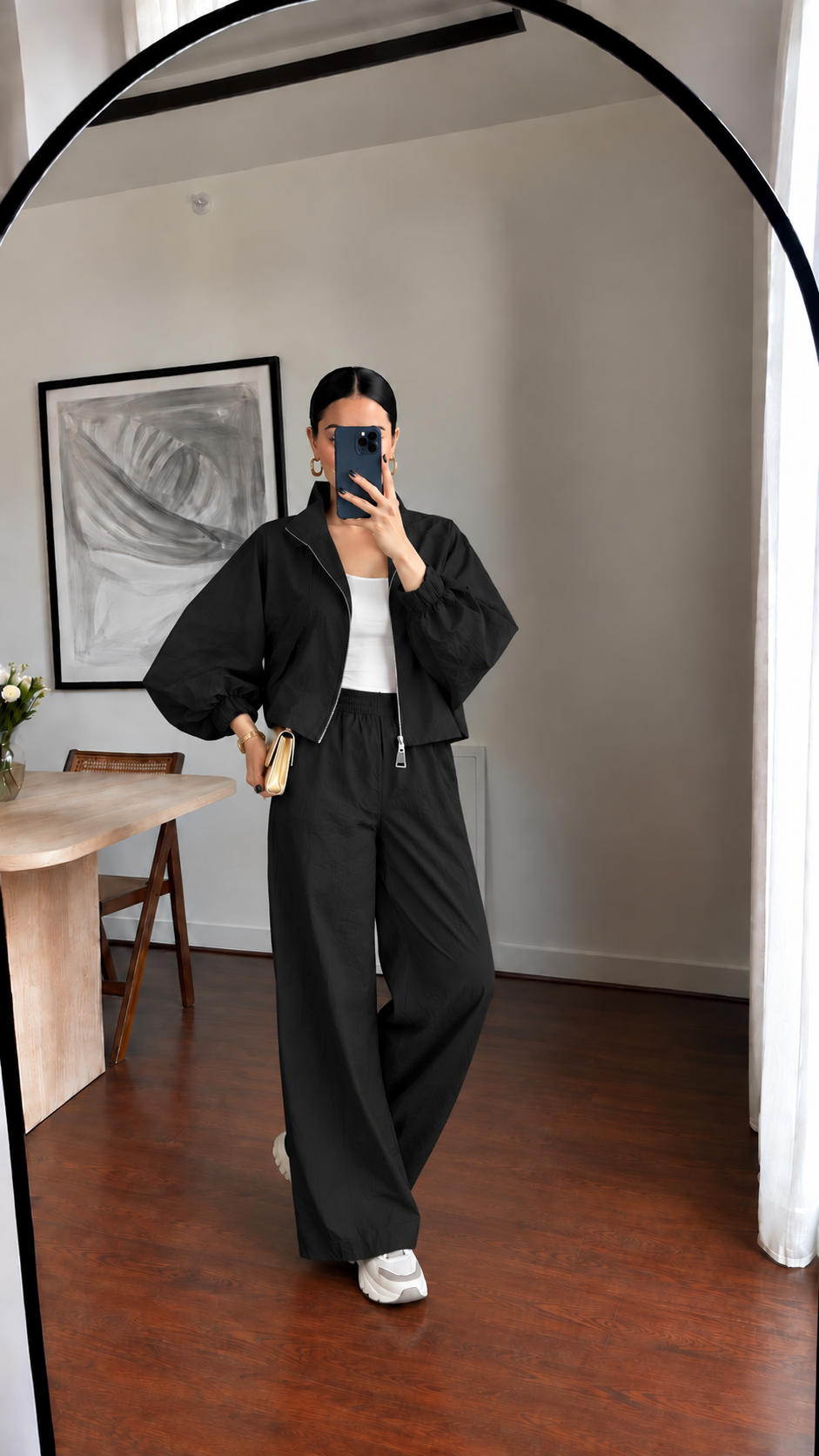 Parachute fabric wide sleeve tracksuit- black