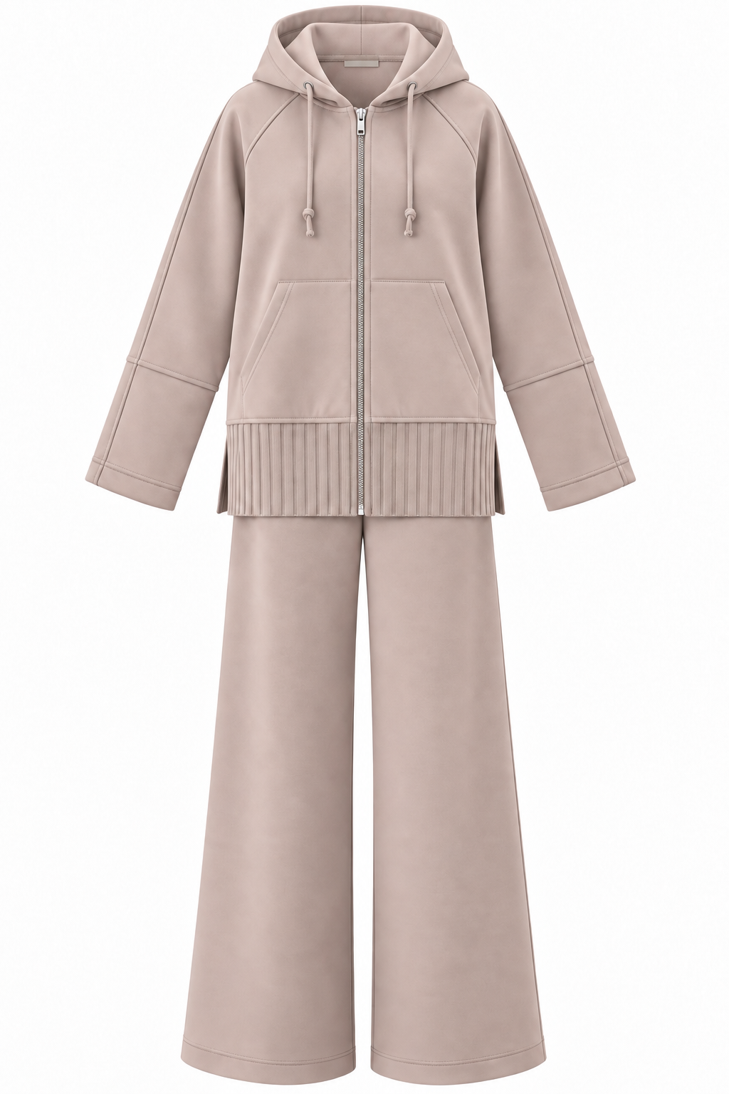 modal fabric hooded zipper jacket with knitted details - beige