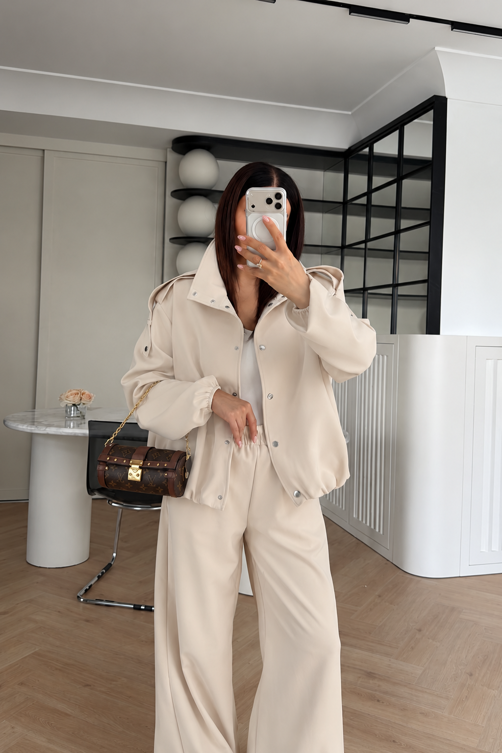 Bomber Suit with Epaulets and Stand-Up Collar - beige