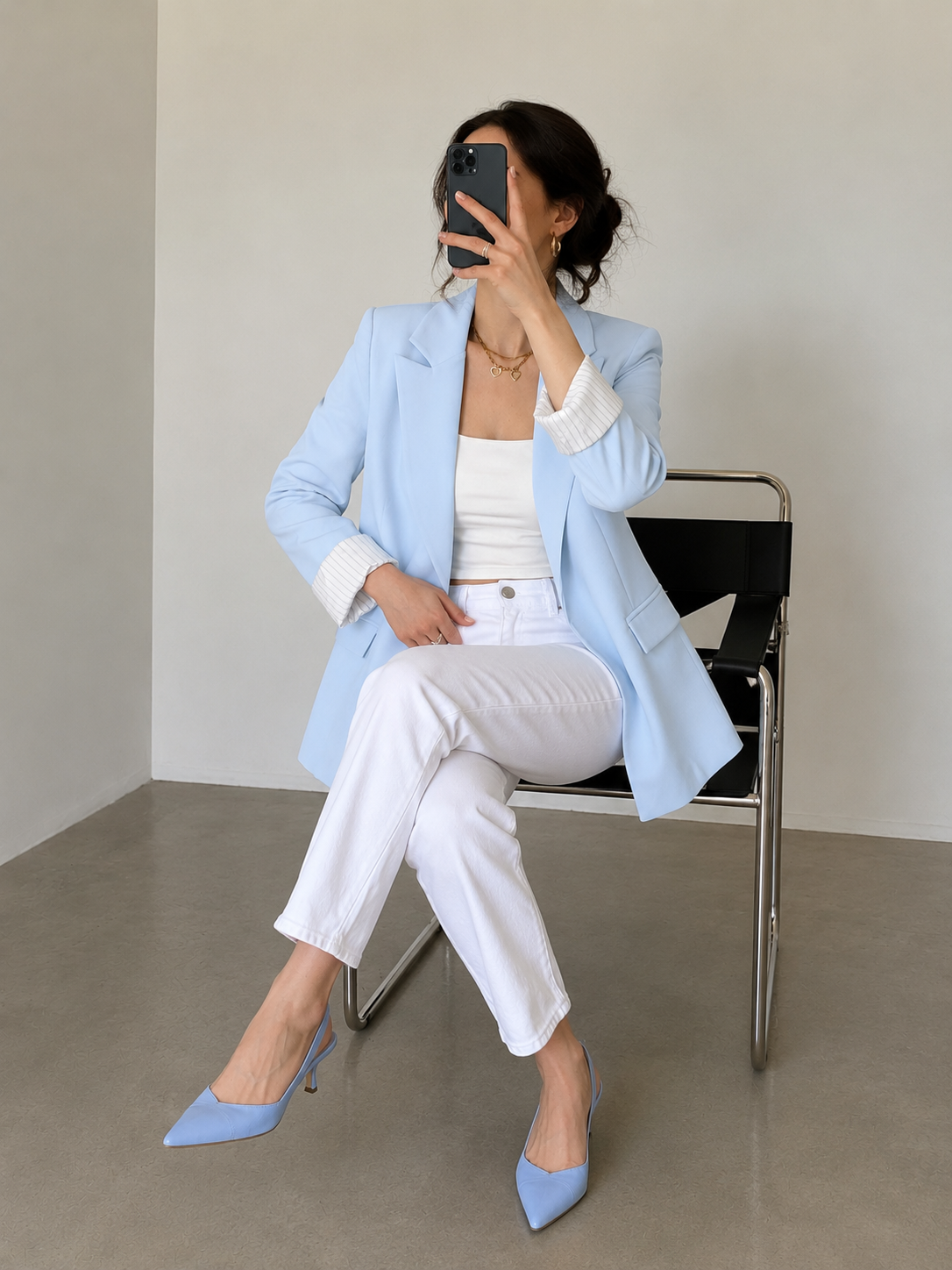 Oversized linen blazer with striped lining - baby blue