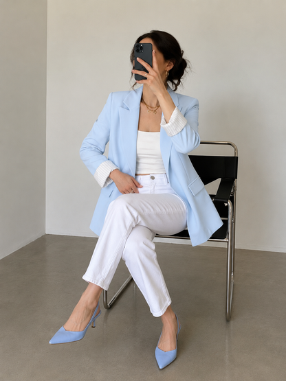 Oversized linen blazer with striped lining - baby blue