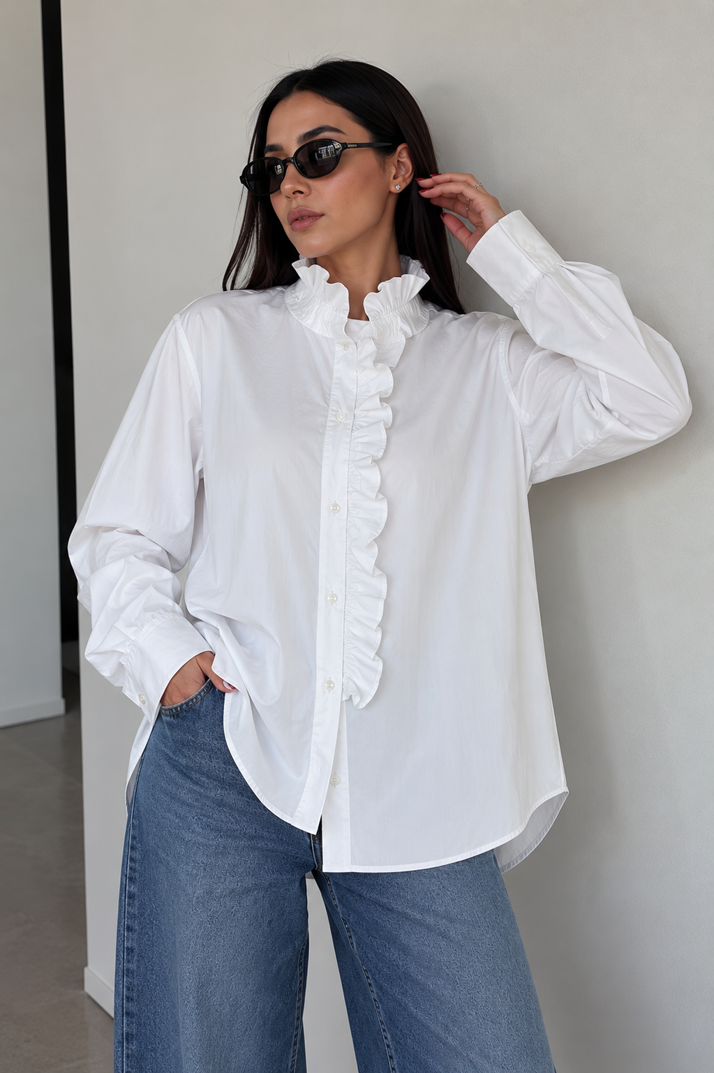 Zara Elegant Ruffle-Trim Oversized White Shirt