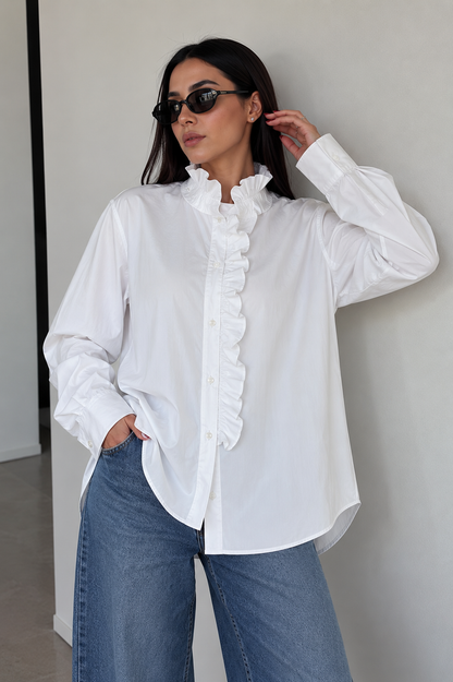 Zara Elegant Ruffle-Trim Oversized White Shirt