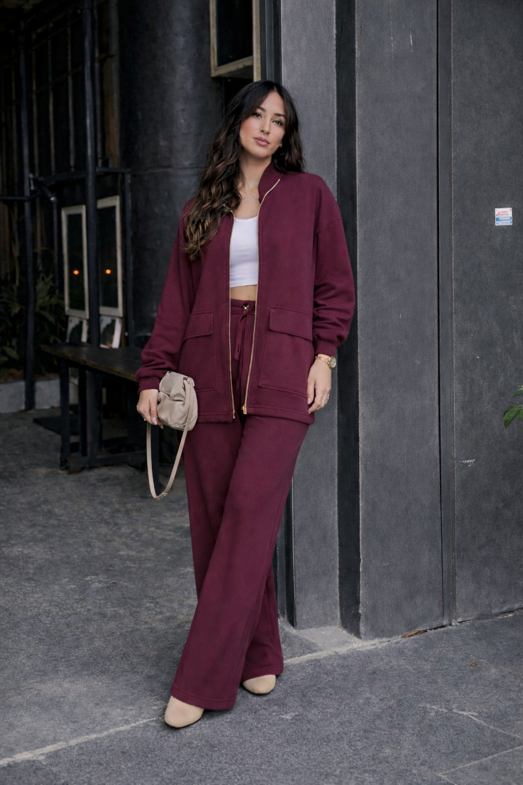 Modal fabric Suit with Waist Gathering Detail - burgundy