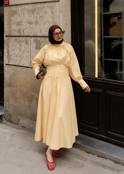 Premium Two-Piece Set Featuring a Waist-Fitting Maxi Skirt and Adjustable-Cuff Sleeve shirt - butter yellow