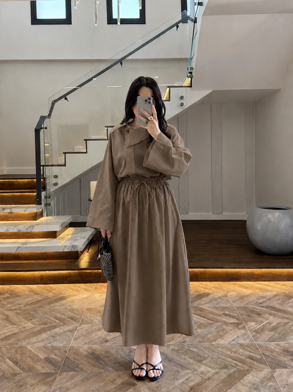 Asymmetric Collar with skirt set -  taupe brown