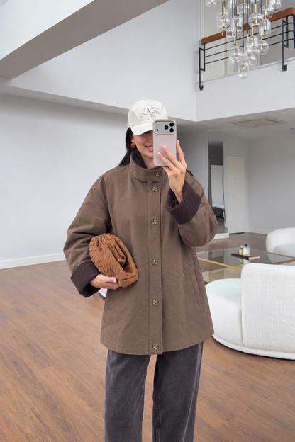 Gabardine jacket Contrasting corduroy collar and sleeve cuffs - brown