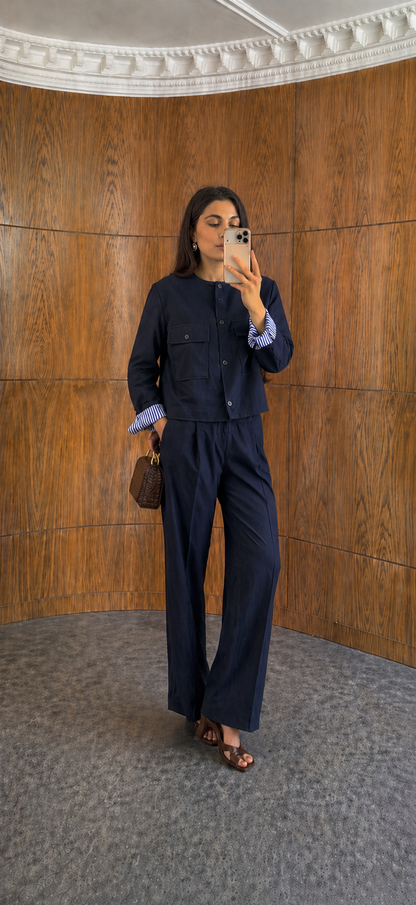 ZR model linen jacket with striped sleeve lining,mom fit trouser co-ord set