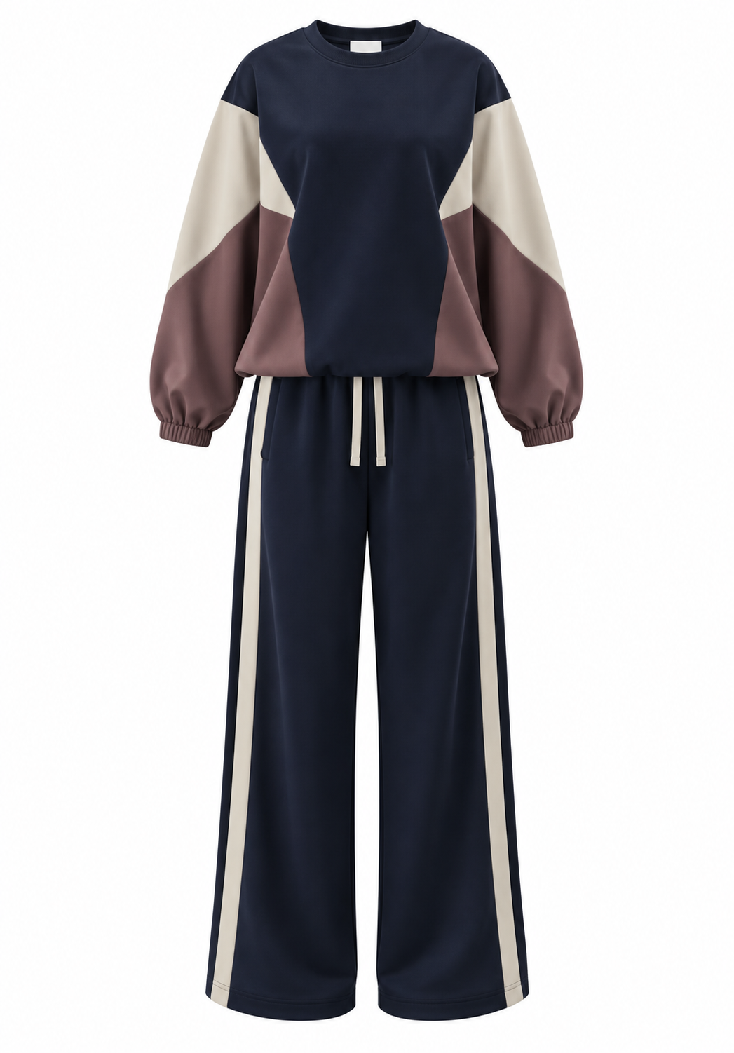 Premium quality contrast Color Block Sweatshirt & Wide-Leg Pants tracksuit - navy blue