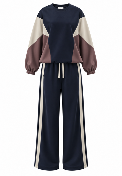 Premium quality contrast Color Block Sweatshirt & Wide-Leg Pants tracksuit - navy blue