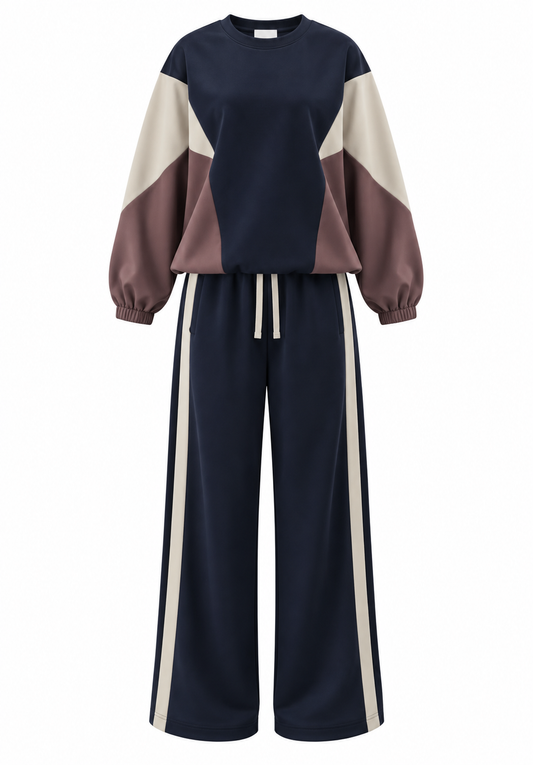 Premium quality contrast Color Block Sweatshirt & Wide-Leg Pants tracksuit - navy blue