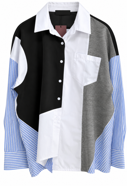 Color Block oversized shirt Patchwork Design with Striped Sleeves - black