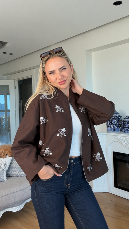 Bomber jacket with stone details - brown