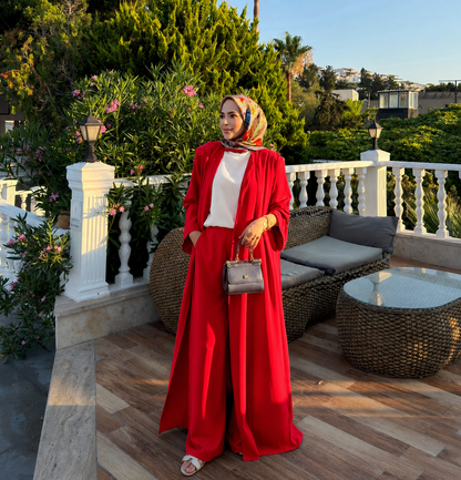 Long jacket with tie details, waistband wide leg trouser co-ord set -red